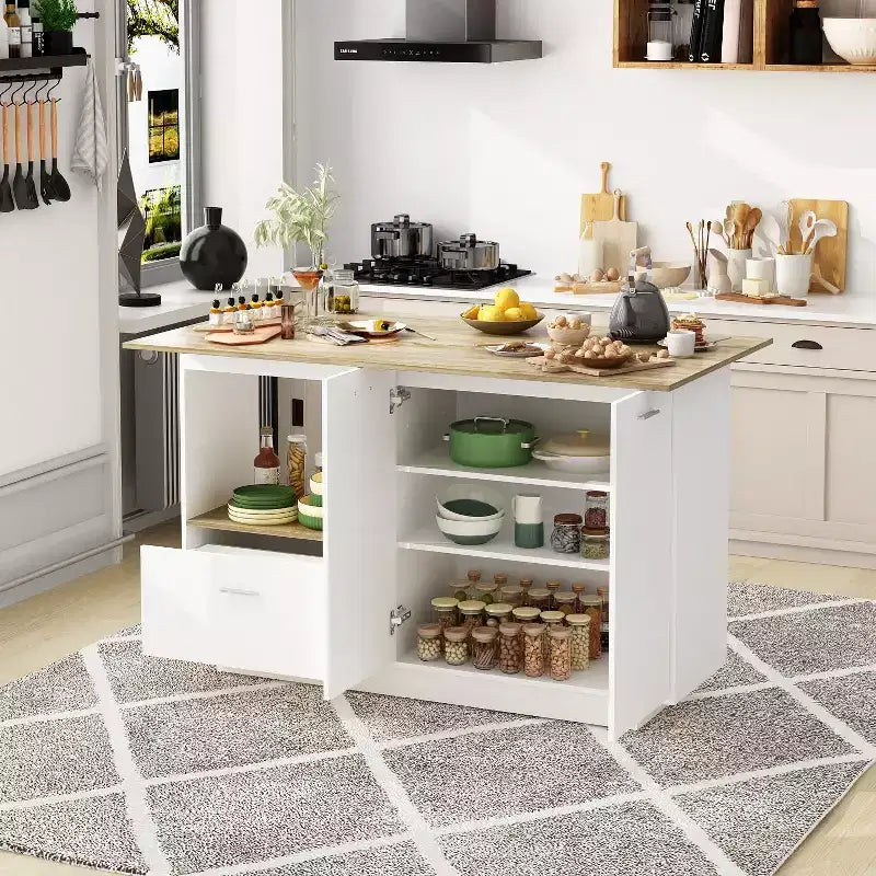Îlot de cuisine Famapy en chêne blanc avec 2 portes et 1 tiroir