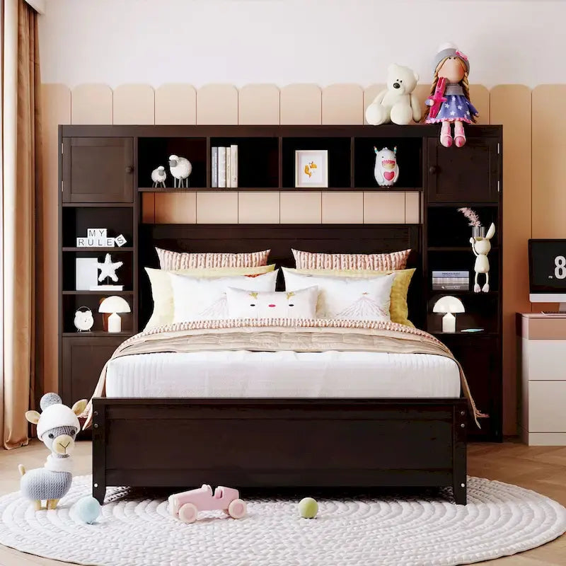 Espresso Full Size Bed with Storage & Headboard Shelves