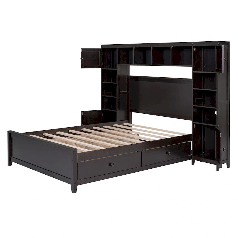 Espresso Full Size Bed with Storage & Headboard Shelves