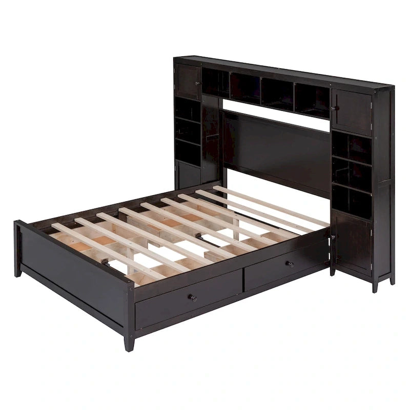 Espresso Full Size Bed with Storage & Headboard Shelves