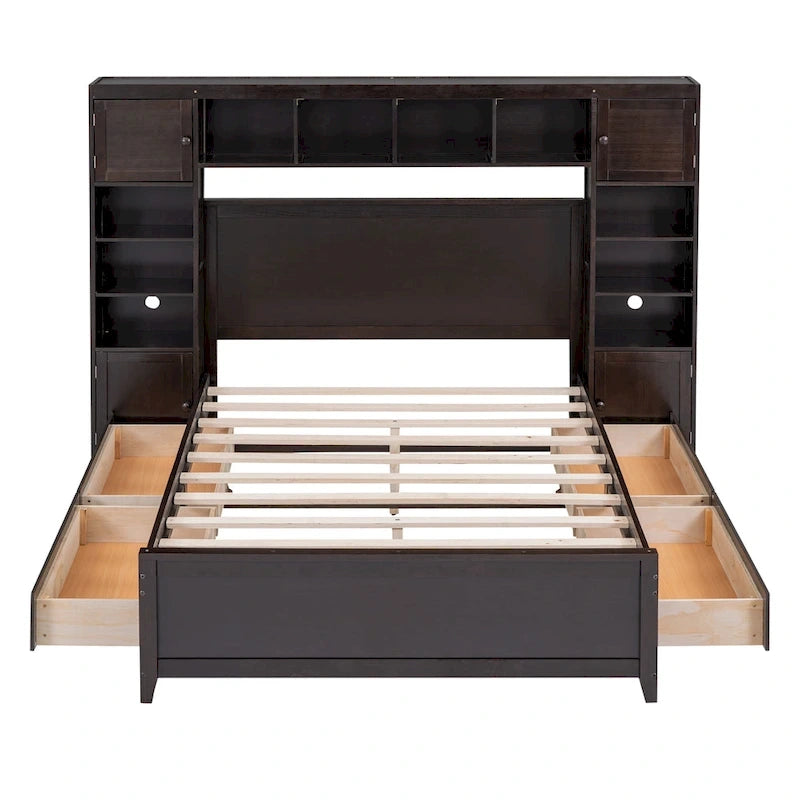 Espresso Full Size Bed with Storage & Headboard Shelves