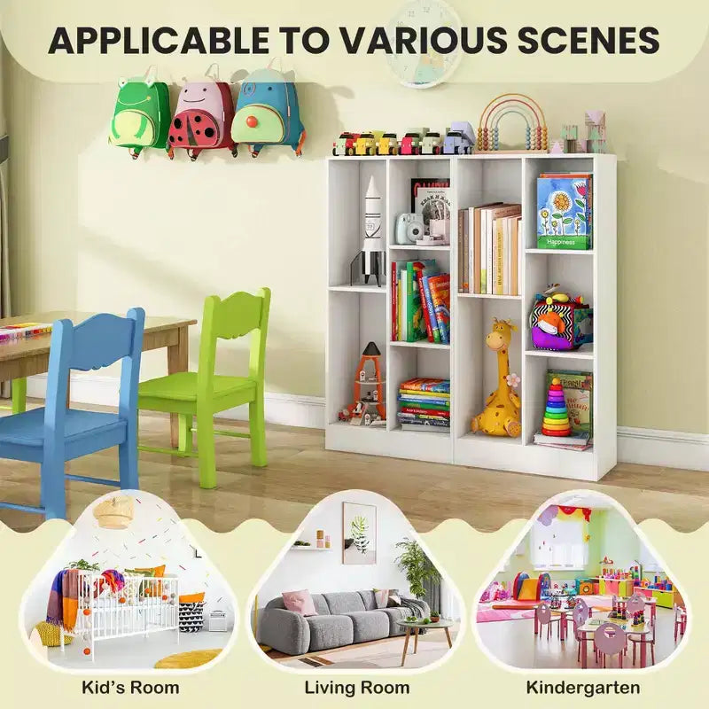 Costway Bibliothèque pour enfants à 5 compartiments, organisateur de rangement de jouets en bois pour chambre d'enfant, blanc/naturel