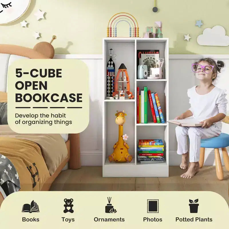 Costway Bibliothèque pour enfants à 5 compartiments, organisateur de rangement de jouets en bois pour chambre d'enfant, blanc/naturel