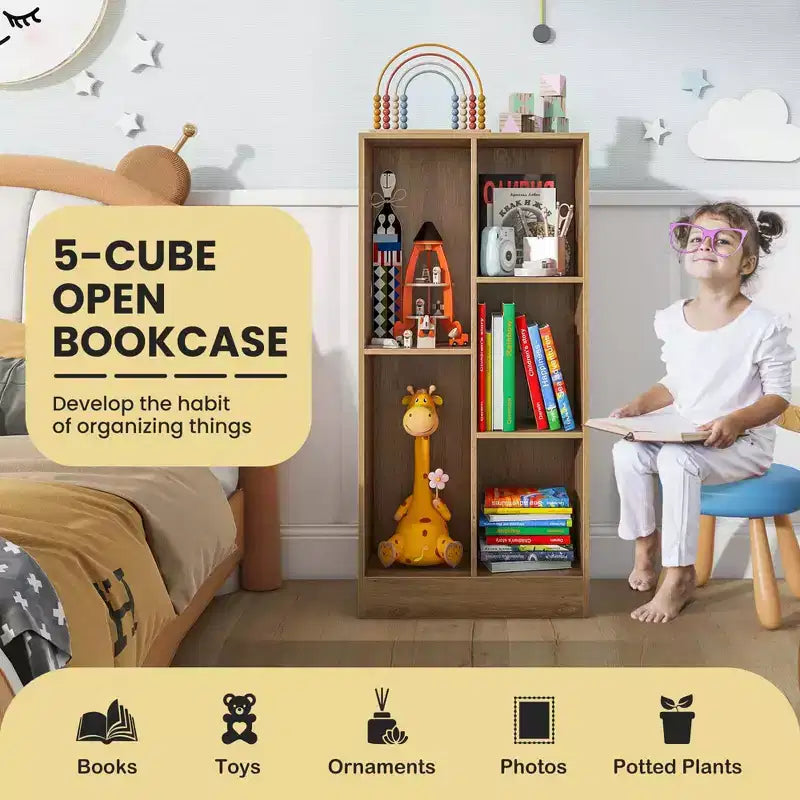 Costway Bibliothèque pour enfants à 5 compartiments, organisateur de rangement de jouets en bois pour chambre d'enfant, blanc/naturel