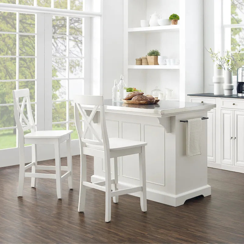 Crosley Julia Stainless Steel Top Island W/X-Back Stools - 50 W x60 D x41 H