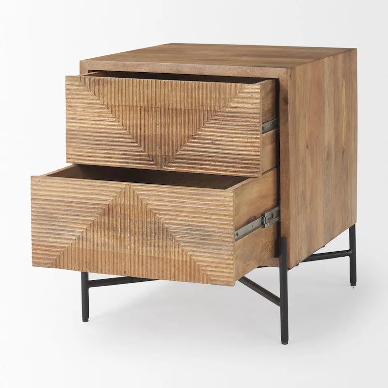 Cairo Light Brown Solid Wood w/ Black Iron Frame & 2 Drawer Accent Table - 22L x 22W x 26H