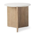 Table d'appoint ronde Enzo en marbre blanc avec piètement cannelé en bois massif brun clair