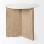 Table d'appoint ronde Enzo en marbre blanc avec piètement cannelé en bois massif brun clair