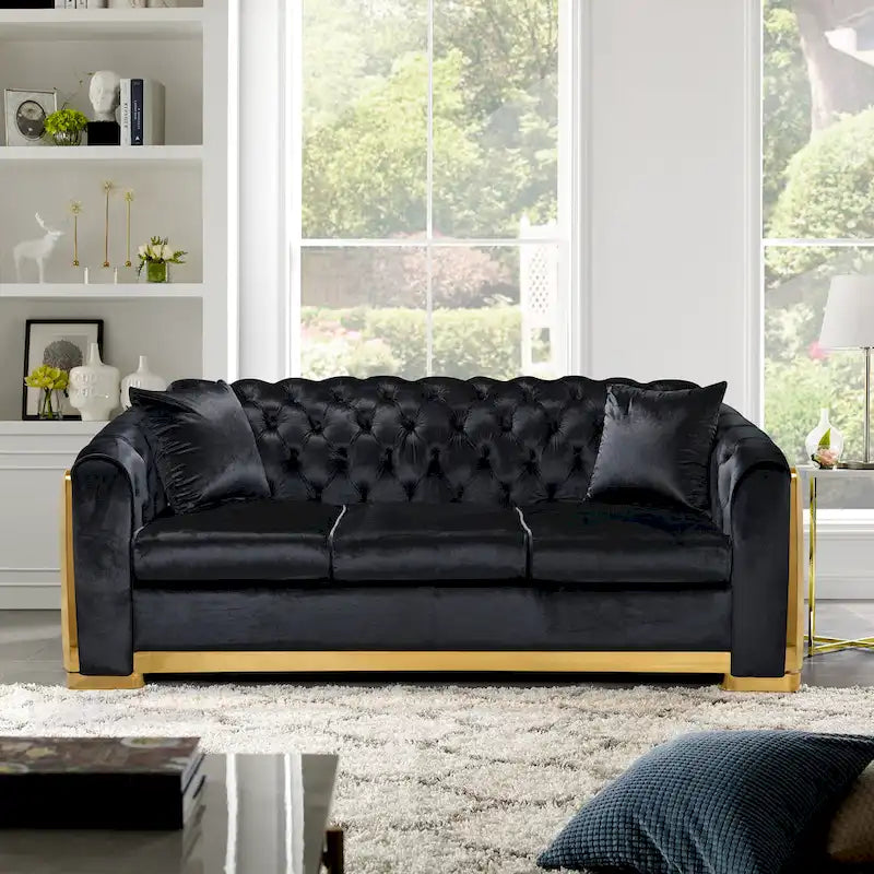 Velvet Luxury Chesterfield Sofa Set, 84 Inches Tufted 3 Seat Couch with Gold Stainless for Living Room, Beige Fabric
