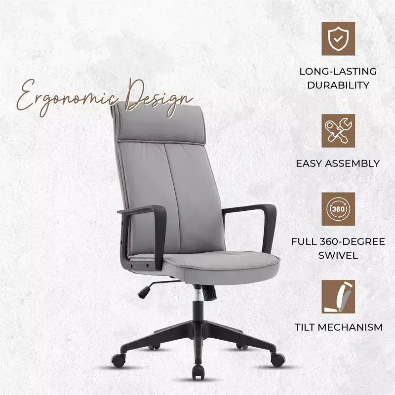 Chaise de bureau haute en cuir LeisureMod Aiaria Collection - Ergonomique, pivotante et inclinable - Roulettes doubles pour l'espace de travail