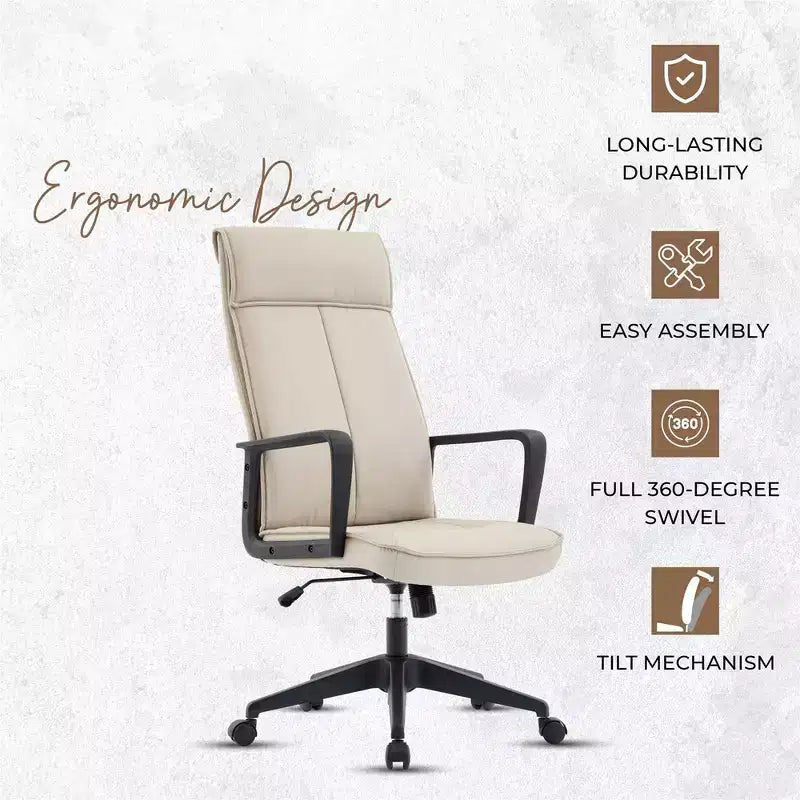 Chaise de bureau haute en cuir LeisureMod Aiaria Collection - Ergonomique, pivotante et inclinable - Roulettes doubles pour l'espace de travail