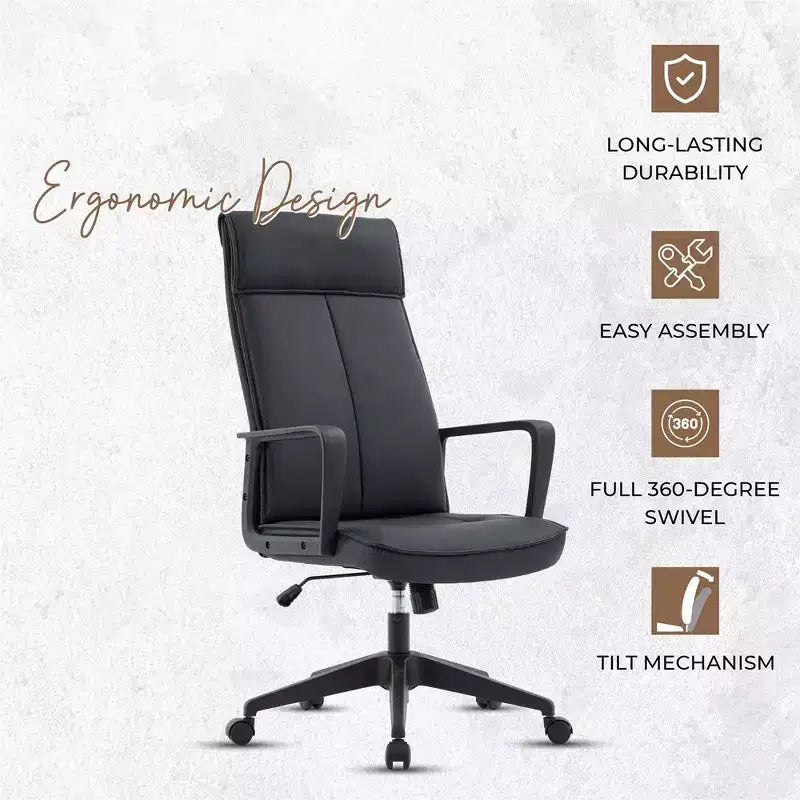 Chaise de bureau haute en cuir LeisureMod Aiaria Collection - Ergonomique, pivotante et inclinable - Roulettes doubles pour l'espace de travail