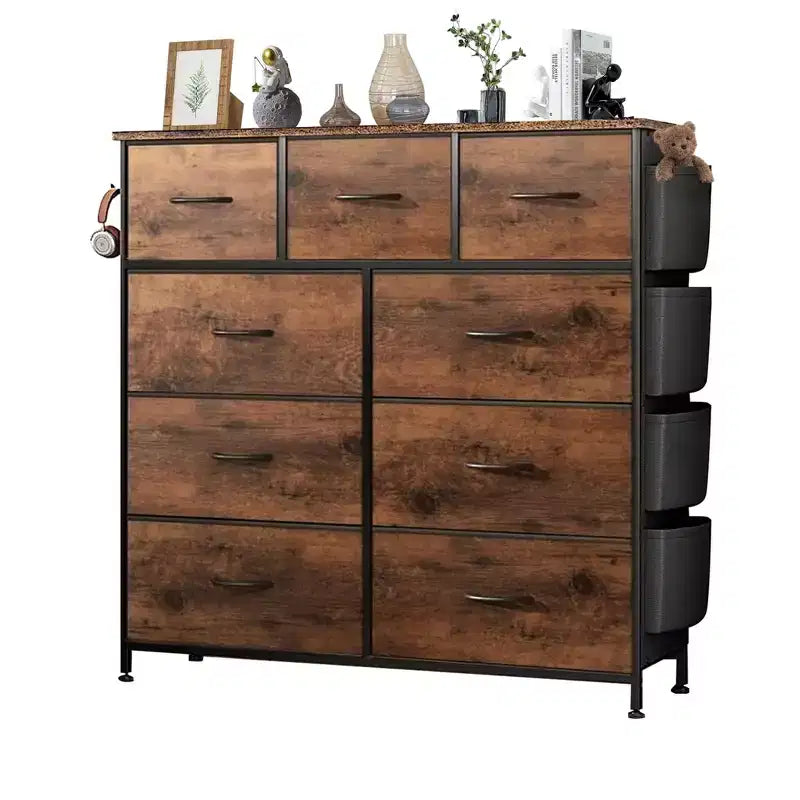 9-Drawer Fabric Dresser Steel Frame Storage Organizer Chest with Wood-Grain Top for Bedroom Closet