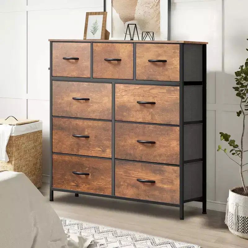 Commode en tissu à 9 tiroirs, cadre en acier, organisateur de rangement avec plateau effet bois pour chambre et placard