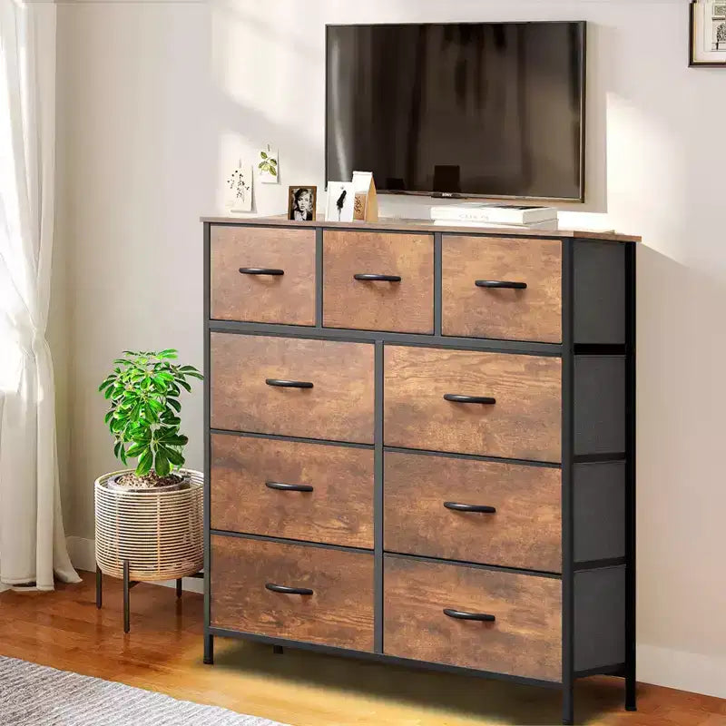 Commode en tissu à 9 tiroirs, cadre en acier, organisateur de rangement avec plateau effet bois pour chambre et placard
