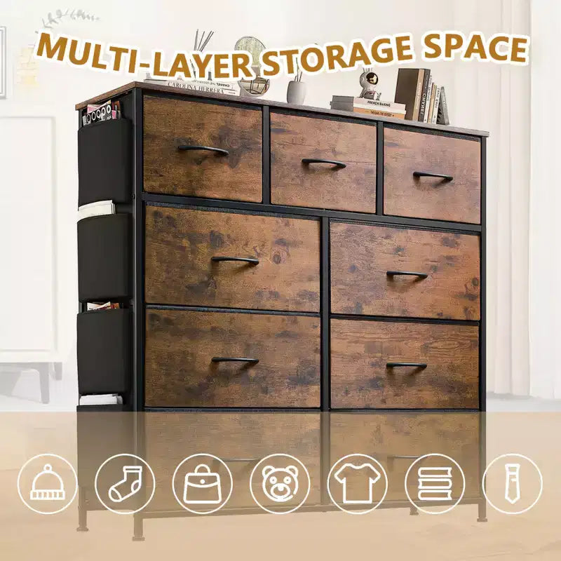 Commode en tissu à 9 tiroirs, cadre en acier, organisateur de rangement avec plateau effet bois pour chambre et placard