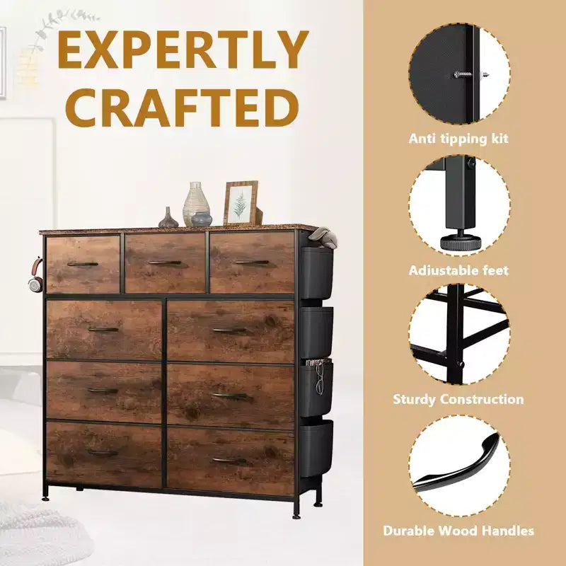 Commode en tissu à 9 tiroirs, cadre en acier, organisateur de rangement avec plateau effet bois pour chambre et placard