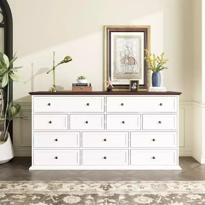 Famapy Large White 12 Drawers Dresser With Brown Top