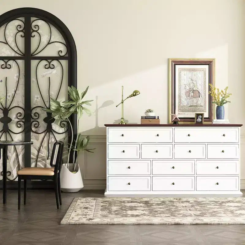 Commode Famapy large blanche à 12 tiroirs avec plateau marron