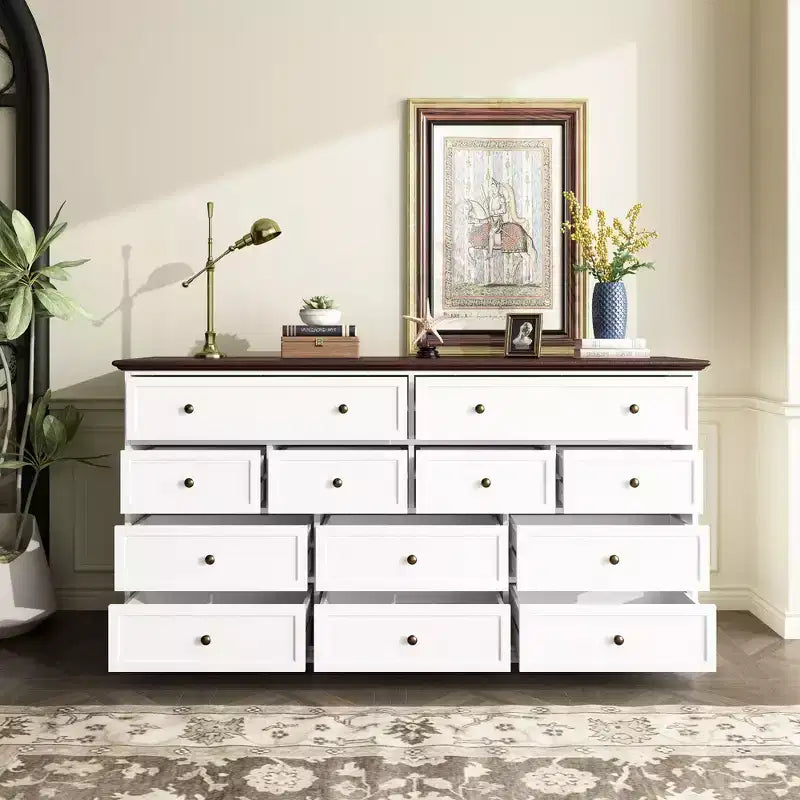 Commode Famapy large blanche à 12 tiroirs avec plateau marron
