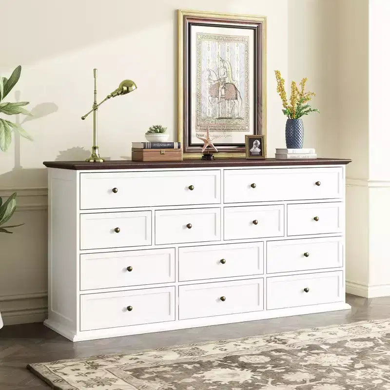 Commode Famapy large blanche à 12 tiroirs avec plateau marron