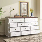 Commode Famapy large blanche à 12 tiroirs avec plateau marron
