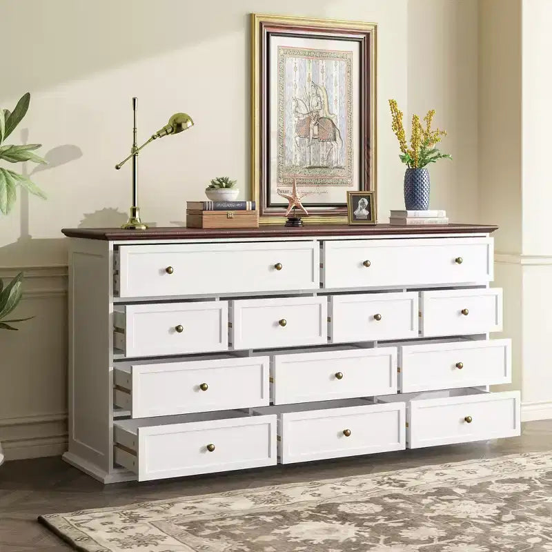 Commode Famapy large blanche à 12 tiroirs avec plateau marron