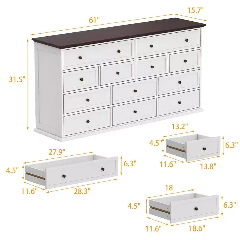 Commode Famapy large blanche à 12 tiroirs avec plateau marron
