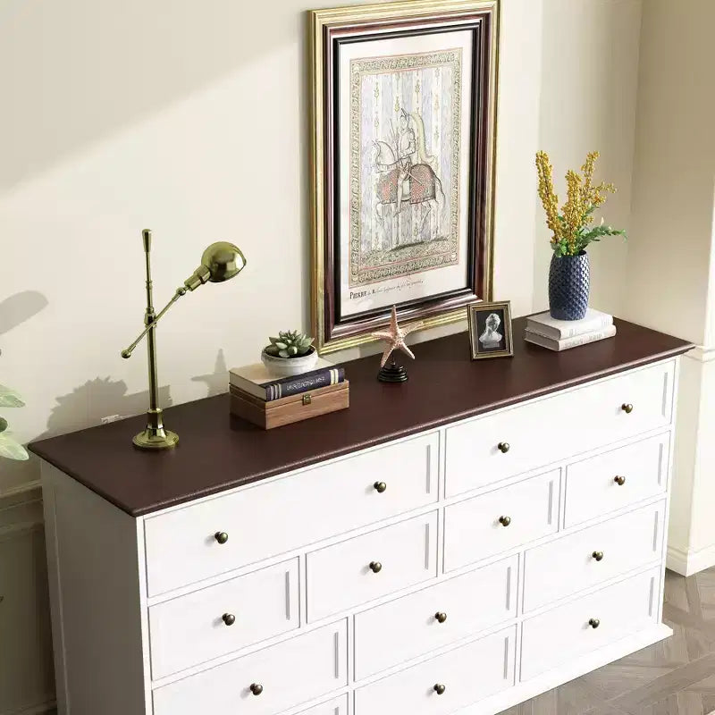 Commode Famapy large blanche à 12 tiroirs avec plateau marron
