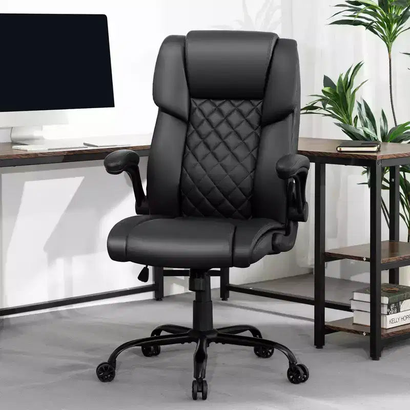Chaise de bureau inclinable en cuir Hoffree, fauteuil ergonomique pivotant avec soutien lombaire à bouton et accoudoir