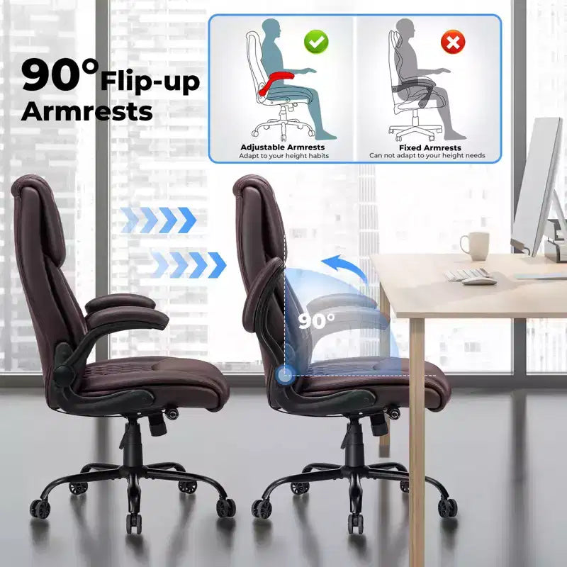 Chaise de bureau inclinable en cuir Hoffree, fauteuil ergonomique pivotant avec soutien lombaire à bouton et accoudoir