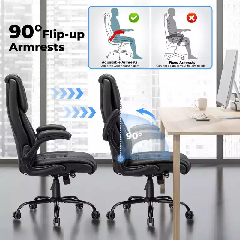 Chaise de bureau inclinable en cuir Hoffree, fauteuil ergonomique pivotant avec soutien lombaire à bouton et accoudoir
