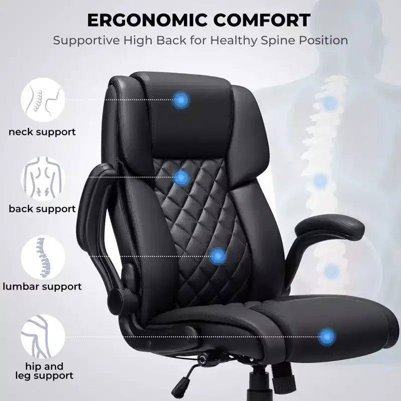 Chaise de bureau inclinable en cuir Hoffree, fauteuil ergonomique pivotant avec soutien lombaire à bouton et accoudoir