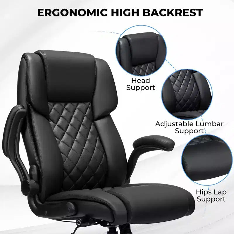 Chaise de bureau inclinable en cuir Hoffree, fauteuil ergonomique pivotant avec soutien lombaire à bouton et accoudoir