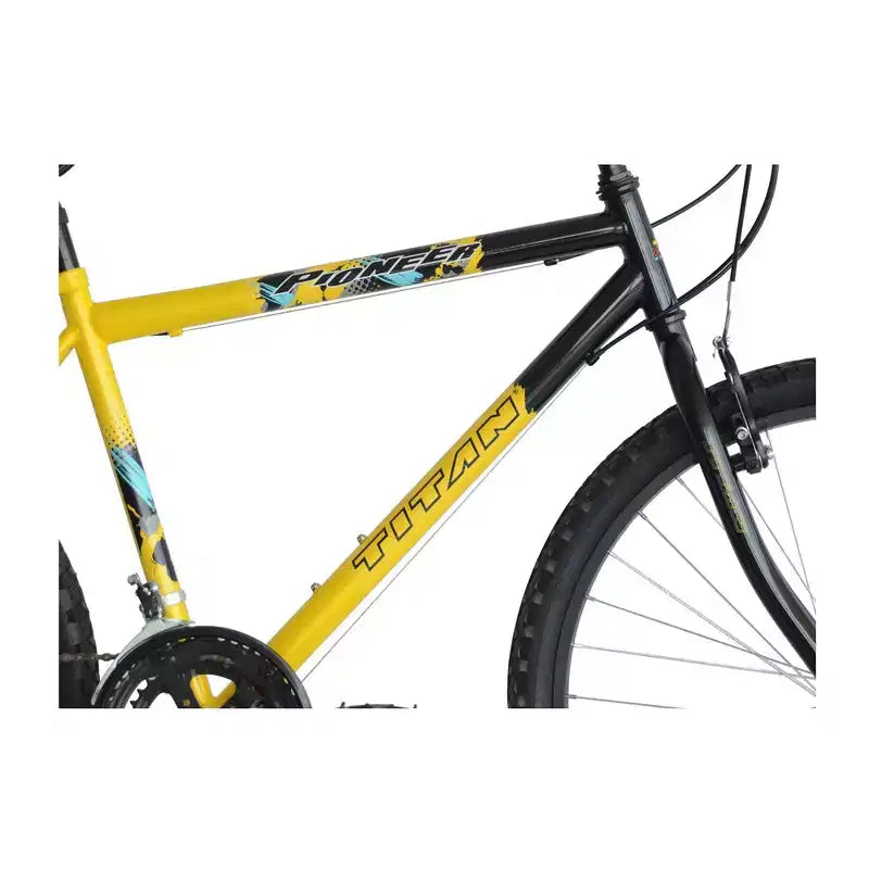Vélo tout-terrain Titan Bikes Pioneer 12 vitesses pour hommes avec freins à tirage, jaune