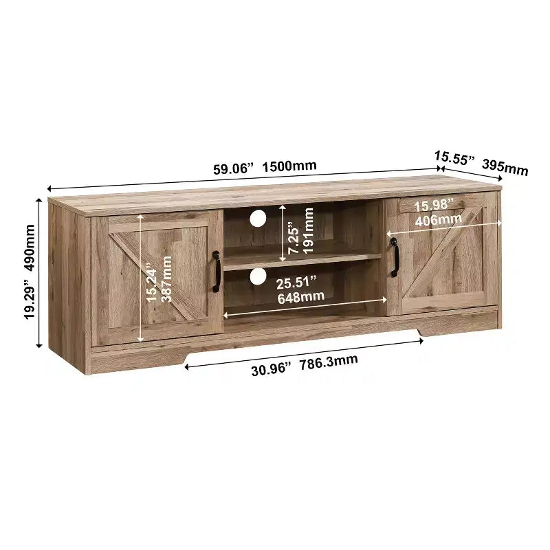 Meuble TV de ferme AndMakers de 150 cm pour téléviseurs jusqu'à 150 cm avec 2 armoires de rangement, meuble console TV en bois avec portes coulissantes de style grange et espace de rangement