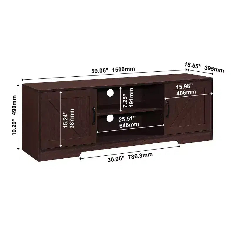 Meuble TV de ferme AndMakers de 150 cm pour téléviseurs jusqu'à 150 cm avec 2 armoires de rangement, meuble console TV en bois avec portes coulissantes de style grange et espace de rangement