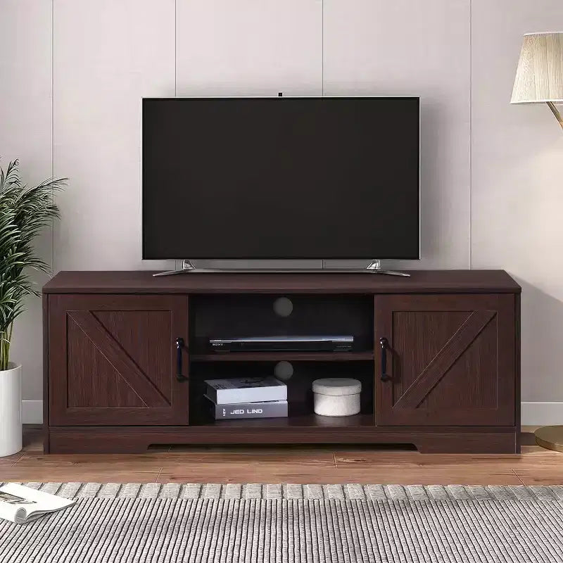 Meuble TV de ferme AndMakers de 150 cm pour téléviseurs jusqu'à 150 cm avec 2 armoires de rangement, meuble console TV en bois avec portes coulissantes de style grange et espace de rangement