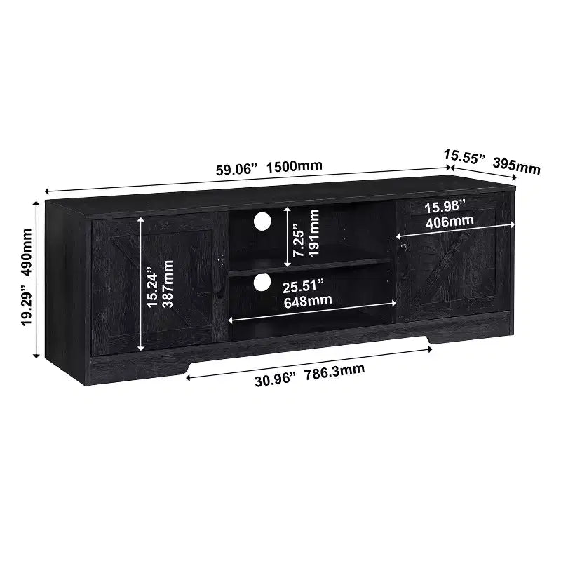 Meuble TV de ferme AndMakers de 150 cm pour téléviseurs jusqu'à 150 cm avec 2 armoires de rangement, meuble console TV en bois avec portes coulissantes de style grange et espace de rangement