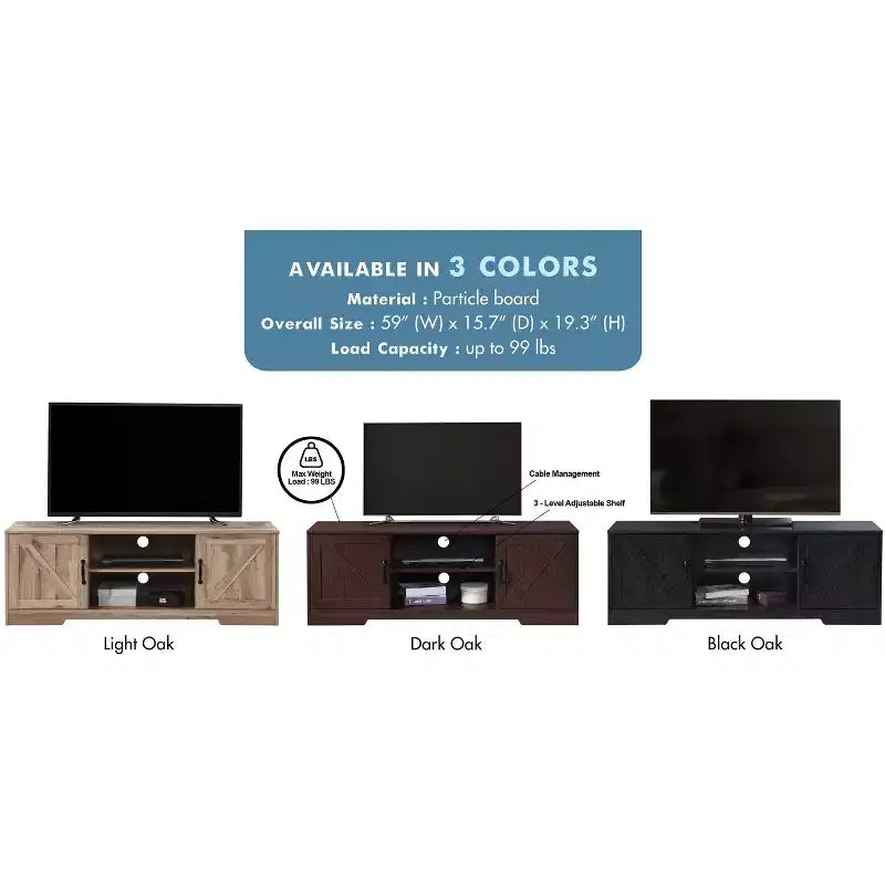 Meuble TV de ferme AndMakers de 150 cm pour téléviseurs jusqu'à 150 cm avec 2 armoires de rangement, meuble console TV en bois avec portes coulissantes de style grange et espace de rangement