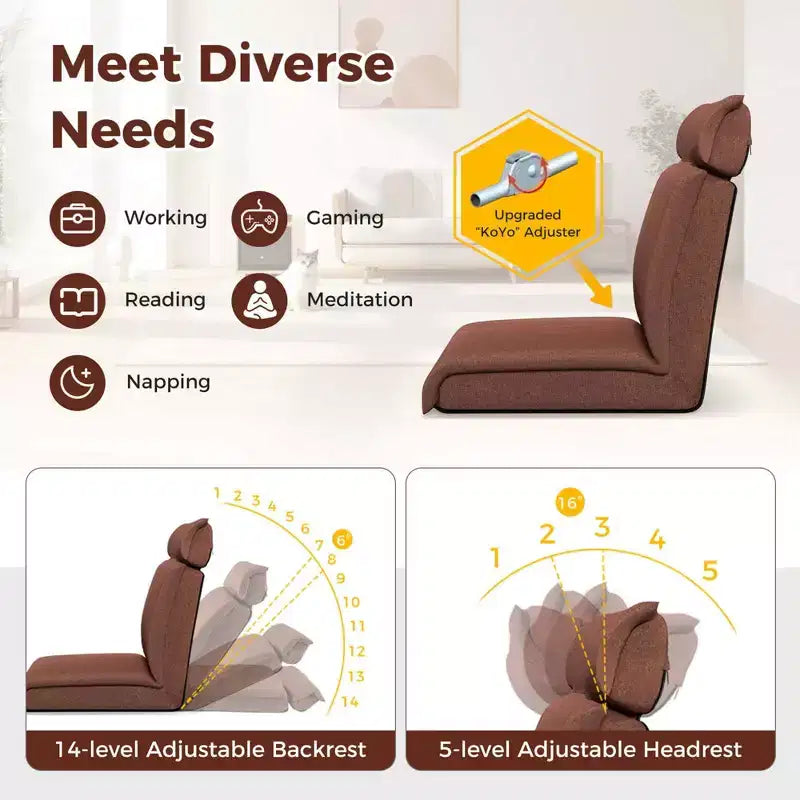 Chaise de sol pliable Costway avec dossier réglable sur 14 positions et appui-tête réglable