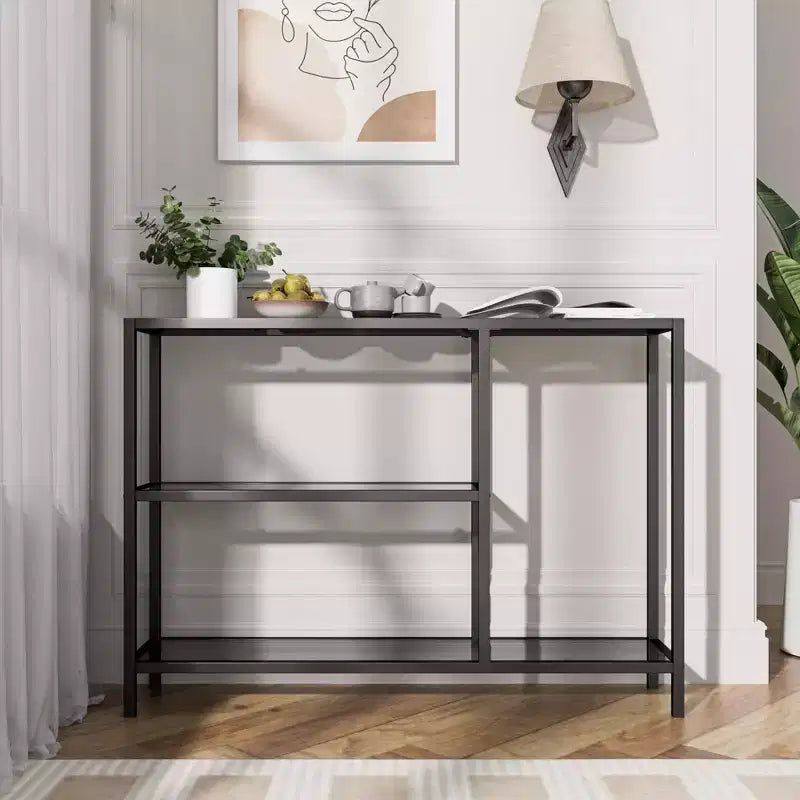 Neutypechic Modern Metal Narrow Console Table Rectangle Entryway Table with Storage, Iron Frame, Tempered Glass Top - 40  9
