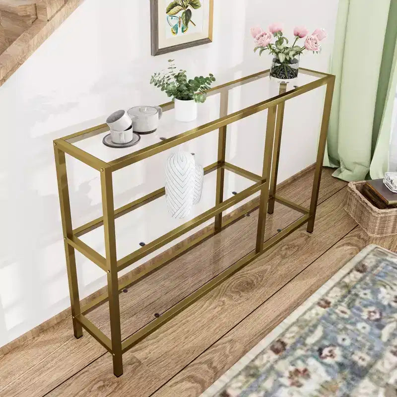 Neutypechic Table console étroite moderne en métal, table d'entrée rectangulaire avec rangement, structure en fer, plateau en verre trempé - 40 x 9