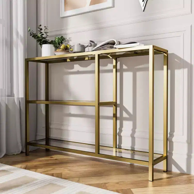 Neutypechic Table console étroite moderne en métal, table d'entrée rectangulaire avec rangement, structure en fer, plateau en verre trempé - 40 x 9