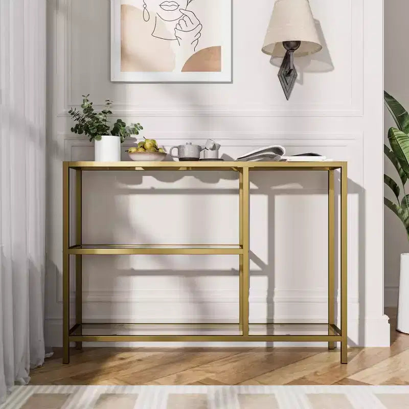 Neutypechic Table console étroite moderne en métal, table d'entrée rectangulaire avec rangement, structure en fer, plateau en verre trempé - 40 x 9