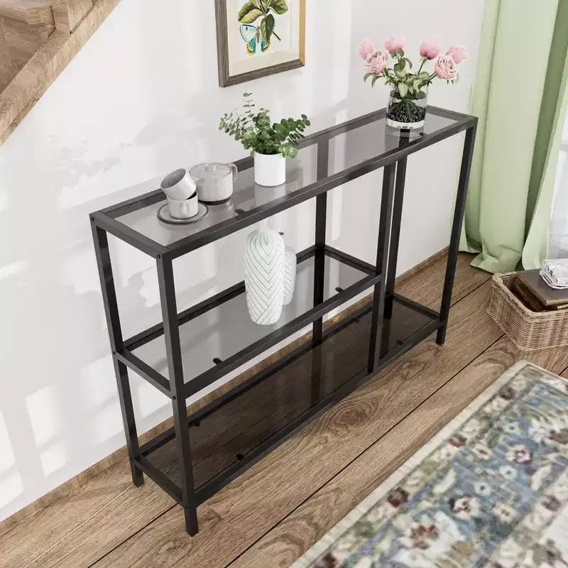 Neutypechic Table console étroite moderne en métal, table d'entrée rectangulaire avec rangement, structure en fer, plateau en verre trempé - 40 x 9