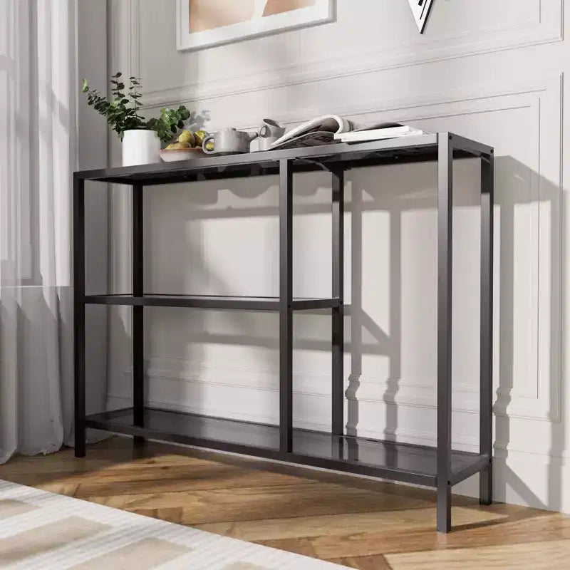 Neutypechic Table console étroite moderne en métal, table d'entrée rectangulaire avec rangement, structure en fer, plateau en verre trempé - 40 x 9