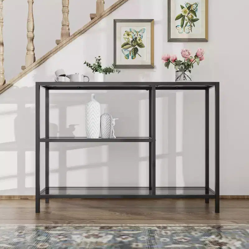 Neutypechic Table console étroite moderne en métal, table d'entrée rectangulaire avec rangement, structure en fer, plateau en verre trempé - 40 x 9