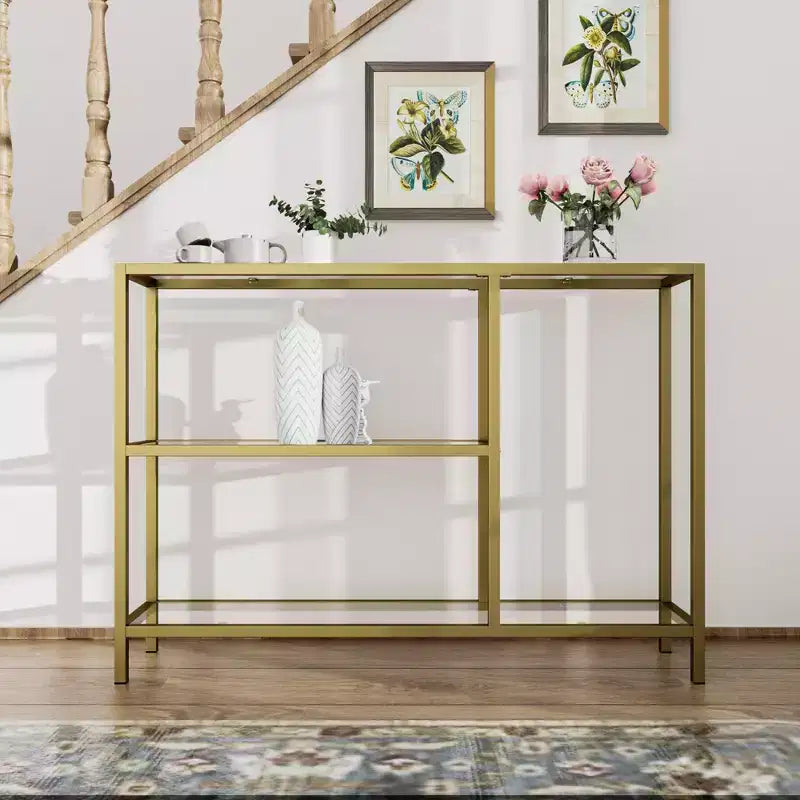 Neutypechic Table console étroite moderne en métal, table d'entrée rectangulaire avec rangement, structure en fer, plateau en verre trempé - 40 x 9