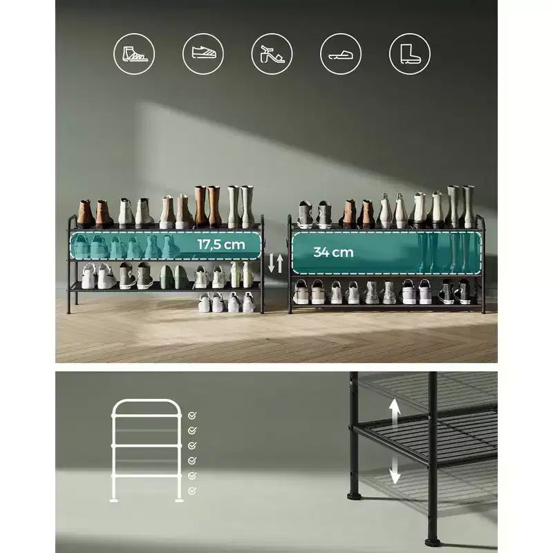SONGMICS Étagère à Chaussures, Organisateur de Chaussures à 3 Niveaux, Rangement pour Chaussures en Métal avec 4 Crochets Latéraux, Peut Contenir 18 Paires de Chaussures, Étagère à Chaussures Réglable en Hauteur, Noir Encre